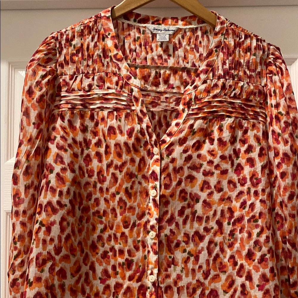 Tommy Bahama Ruched Mandarin Collar Blouse in Orange and Pink